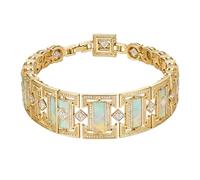 LONAGO S925 Silver Geometric Art Deco Opal and Diamond Yellow Gold Bracelet for Women, Rectangular & Square Shape, Opal Inlay, Wedding Anniversary Cocktail Party Fine Jewelry
