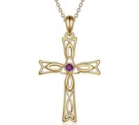 LONAGO S925 Sterling Silver Women's Gold Cross Pendant, 14K Gold-Plated Amethyst Celtic Knot Cross Necklace, Mother's Gift, with an 18+2-inch Chain