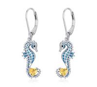 LONAGO Seahorse Earrings 925 Sterling Silver Blue Seahorse with Heart Birthstone Drop Dangle Earrings for Women (November)