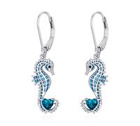 LONAGO Seahorse Earrings 925 Sterling Silver Blue Seahorse with Heart Birthstone Drop Dangle Earrings for Women (December)