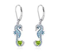LONAGO Seahorse Earrings 925 Sterling Silver Blue Seahorse with Heart Birthstone Drop Dangle Earrings for Women (August)