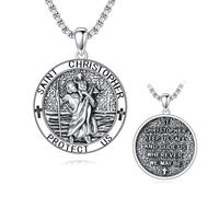 LONAGO Silver St Christopher Necklace Mens Womens Saint Christopher Necklace for men Round Pedant Religious Protection Pendant Father's day Birthday Gift