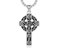 LONAGO Sterling silver Celtic Cross Necklace for Mens Silver Cross Pendant Necklace With Created Emerald anniversary day for mens