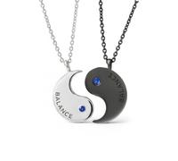 LONAGO Yin Yang BALANCE Couple Necklace Set - Silver & Black Interlocking Pendant with Two Brithstone Matching Jewelry Gift for Him Her