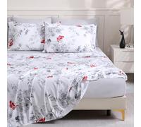 LONAVA Floral King Size Bed Sheet Set, 6 Piece, Deep Pocket Light Grey Fitted Sheet, Comfy & Breathable Patterned Flat Sheets, Premium Microfiber, Crimson Flower Printed