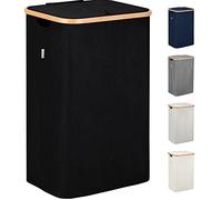 LONBET 100L Laundry Basket with Lid and Sturdy Bamboo Frame - Aesthetic Laundry Hamper with Side Handles and Made from Breathable Fabric - Laundry Bin with Removable Bag, Clothes Basket Black