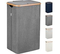 LONBET 100L Laundry Basket with Lid and Sturdy Bamboo Frame - Aesthetic Laundry Hamper with Side Handles and Made from Breathable Fabric - Laundry Bin with Removable Bag, Clothes Basket Grey