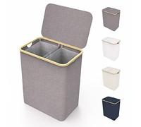 LONBET 150L Double Laundry Basket with Lid and Sturdy Bamboo Frame - Aesthetic Laundry Hamper with Side Handles, Made from Breathable Fabric - Laundry Bin with Removable Bag, Clothes Basket Grey