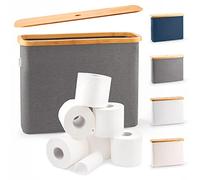 LONBET Toilet Roll Storage for 12 Rolls, Stackable & Foldable - The Ultimate Bathroom Organizer - Waterproof Toilet Paper Storage with Bamboo Lid - Elegant Toilet Roll Basket, Gray