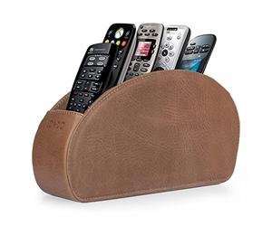 LONDO Remote Control Holder with 5 Pockets - Store DVD, Blu-Ray, TV, Roku or Apple TV Remotes - Real Leather with Suede Lining - Slim, Compact Living or Bedroom Storage