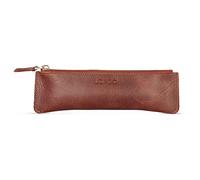 LONDO Genuine Leather Pen Case with Zipper Closure, Pencil Pouch Stationery Bag (Brown v2)