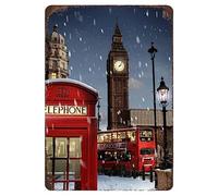 London At Christmas Vintage Metal Sign Red Telephone Box And Big Ben Retro Travel Poster Christmas Wall Decor For Home Bar Pub Kitchen Garage Wall Decor Plaque 20x30cm
