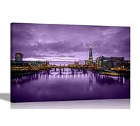 London at Night with Purple Sky Canvas Wall Art Prints and Pictures for Living Room Stretched Framed Home Office Decoration Cityscape Artwork 86 x 61cm (34 x 24 inches) A1