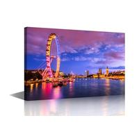London at Twilight Canvas Wall Art Big Ben and Houses of Parliament Painting London Eye County Hall Westminster Bridge Pictures for Living Room Framed Ready to Hang 18x12 inch