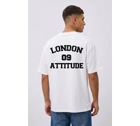 LONDON ATTITUDE Men's Oversized Heavyweight T-Shirt with Varsity Back Graphic in White | Size: Large LONDON ATTITUDE White L
