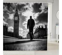 London Big Ben Bathroom Curtain,Retro Fashion Style Bathroom Curtains 12 Hooks Suits for Bathtub,Modern British Style Building Bath Curtain for Kids Girls Boys,72" W x 84" L,Dark Black Grey