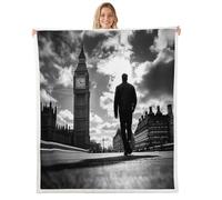 London Big Ben Blanket for Kids Girls Boys,Retro Fashion Style Blankets for Bedroom Sofa Dorm Decor,Modern British Style Building Bed Couch Blanket,Queen (90 x 90 Inches),Dark Black Grey