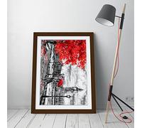London Big Ben Grey Red Umbrella Framed Wall Art Picture Print - A4 - Walnut Frame