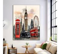 London Big Ben Oil Painting On Canvas Print Posters Large Beige Watercolor Telephone Booth Wall Art Modern Living Room Decor Fine Art Decorative 16X24In Frameless