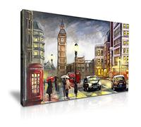 London Big Ben Red Bus Red Umbrella Phone Box Street View Canvas Wall Art Picture Print Decoration (46cm X 31cm)