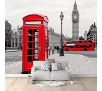 London Big Ben Red Telephone Booth Photo Wallpaper Grey Non-Woven Art Print Wall Mural Decoration Poster Picture Design Modern Living Room Kitchen Bedroom Wall Mural 350x256 cm