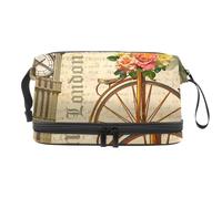 London Big Ben Roses and Bicycle Vintage Postcard Double Layer Cosmetic Bag for Women and Girls, Travel Toiletry Bag Makeup Handy Pouch Organiser Bag with Brush Compartment