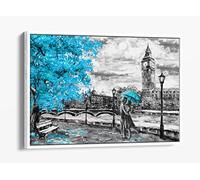 London Big Ben Turquoise Teal Umbrella Canvas Floater Frame Print Picture Art - White Frame 30 inch wide x 20 inch high