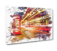 London Blurred Lights Red Telephone Box V3 Modern Canvas Wall Art Print Ready to Hang, Framed Picture for Living Room Bedroom Home Office Décor, 30x20 Inch (76x50 cm)