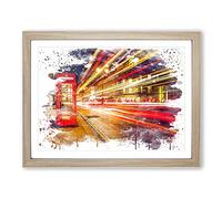 London Blurred Lights Red Telephone Box V3 Modern Framed Wall Art Print, Ready to Hang Picture for Living Room Bedroom Home Office Décor, Oak A3 (46 x 34 cm)