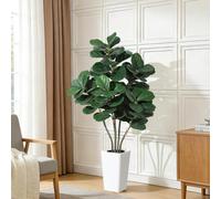 London Boutique 150Cm Multi-Stem 5 Head Artificial Fiddle Leaf Fig Tree, Lifelike Silk Ficus Lyrata Faux Plant With White Planter