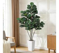 London Boutique 180Cm Multi-Stem 6 Head Artificial Fiddle Leaf Fig Tree, Lifelike Silk Ficus Lyrata Faux Plant With White Planter
