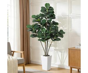 London Boutique 180Cm Multi-Stem 6 Head Artificial Fiddle Leaf Fig Tree, Lifelike Silk Ficus Lyrata Faux Plant With White Planter