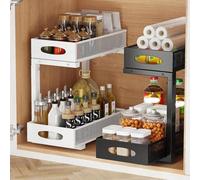 London Boutique 2 Tier Pull Out Under Sink Organizer, Adjustable Cabinet Storage Shelf, Sliding Drawer Under Sink Rack, White