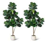 London Boutique 2Pcs 150Cm 5Ft Realistic Artificial Plants Faux Fig Trees With White Pot & Stones