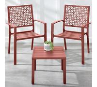 London Boutique 3 Pieces Patio Dining Furniture Set, 2 Pack Stackable Metal Garden Dining Chairs With Side Table, Red