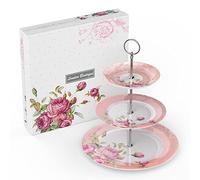 London Boutique 3 Tier Cake Stands Afternoon Tea Cake Stand Plates New Bone China Vintage Flora Gift for Her (Pink)