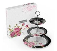 London Boutique 3 Tier Cake Stands Afternoon Tea Cake Stand Plates New Bone China Vintage Flora Gift for Her (Black)