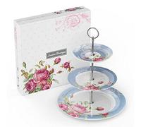 London Boutique 3 Tier Cake Stands Afternoon Tea Cake Stand Plates New Bone China Vintage Flora Gift For Her (Blue)