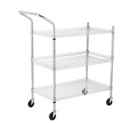 London Boutique 3 Tier Stainless Steel Storage Trolley, 227 Kg Rolling Utility Cart With Locking Wheels, Handle And Wire Shelves