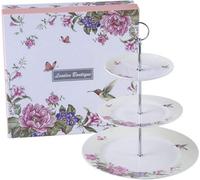 London Boutique 3 Tiered Cake Stands Afternoon Tea Porcelain Bird Rose Butterfly In Gift Box (Beige)