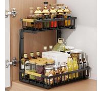 London Boutique 42 To 49Cm Adjustable 2 Tier Sliding Under Sink Organiser, Carbon Steel Pull Out Cabinet Basket, Anti-Slip Suction