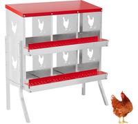 London Boutique 6 Compartment Chicken Nesting Box With Legs, Galvanised Steel Poultry Nest Box, Roll Away Egg Tray, Red