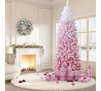 London Boutique 6Ft 180Cm Pencil Christmas Tree Gradient Snow Flocked Slim Artificial Xmas Tree W/rgb Lights - Pink