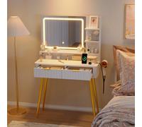 London Boutique 80 Cm Dressing Table, Led Mirror With 3 Light Modes, 2 Drawers, Usb Power Outlet, Makeup Vanity Desk, White