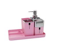 London Boutique Bathroom Accessory 5 Pieces Set Bath Set Toothbrush Holder, Tumbler, Soap Dispenser, Cotton Box and Organise Tray with Soap Dish (Pink)