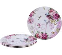 London Boutique Cake Plate Set 4 Porcelain Fine China Wide Rimmed Shabby Chic (Bird Rose Butterfly)