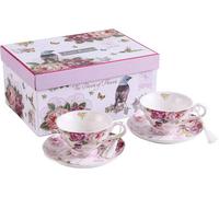 London Boutique Coffee Tea Cup And Saucer Set 2 Shabby Chic Vintage Flora Porcelain Set Gift Box (Pink Bird Rose)