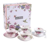 London Boutique Coffee Tea Cup and Saucer Set 4 Shabby Chic Vintage Porcelain Bird Butterfly Flora Gift Box 7.5OZ (4 Colours)