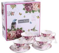 London Boutique Coffee Tea Cup And Saucer Set 4 Shabby Chic Vintage Porcelain Bird Butterfly Flora Gift Box (Bird Rose Butterfly)
