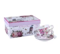 London Boutique Coffee Tea Cup & Saucer Set 2 Shabby Chic Vintage Flora Porcelain Set Gift Box Pink Bird Rose London Boutique Rose